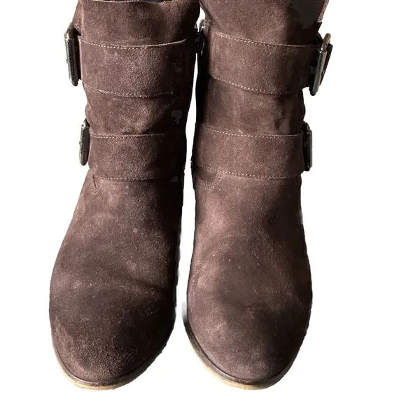 Paul Green Women size 5.5 Denver Suede Belted Biker Moto Boot Brown Ankle Bootie