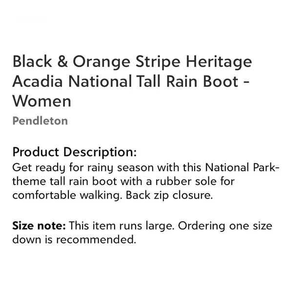 Pendleton Black &amp; Orange Stripe Heritage Acadia National Tall Rain Boots 5 READ
