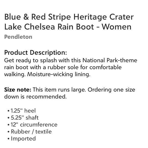 Pendleton Blue &amp; Red Stripes Heritage Crater Lake Chelsea Rain Boots Size 6 READ