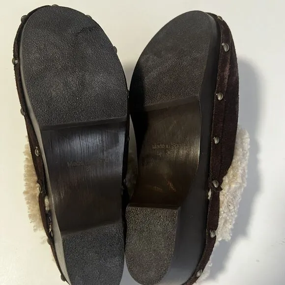 Penelope Chilvers Sz 36 / 5 Low Shearling Clog Suede Shoes Brown