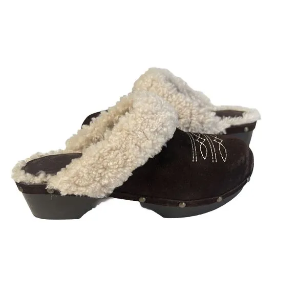 Penelope Chilvers Sz 36 / 5 Low Shearling Clog Suede Shoes Brown