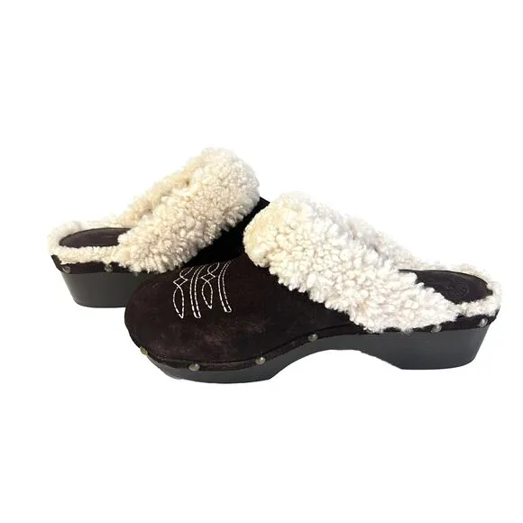 Penelope Chilvers Sz 36 / 5 Low Shearling Clog Suede Shoes Brown