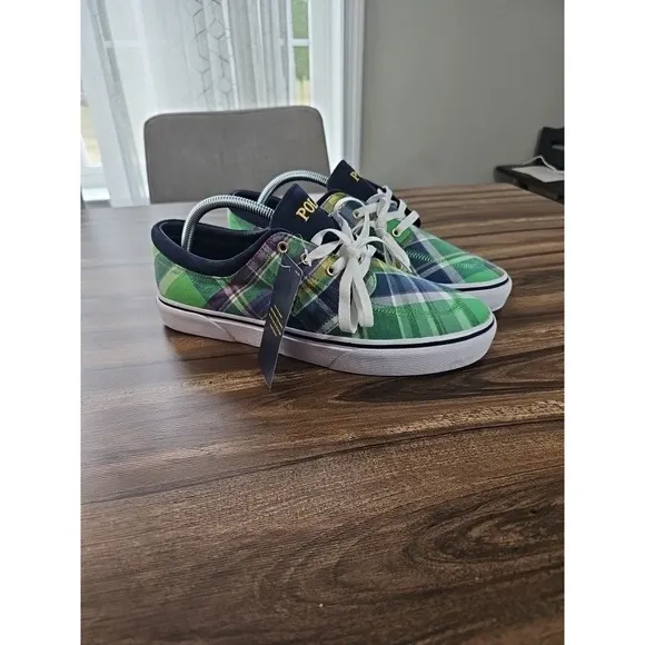 Polo Ralph Lauren Faxon X Sneakers Mens Casual Green Plaid Shoes Sz 9.5 NWOB