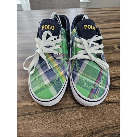 Polo Ralph Lauren Faxon X Sneakers Mens Casual Green Plaid Shoes Sz 9.5 NWOB