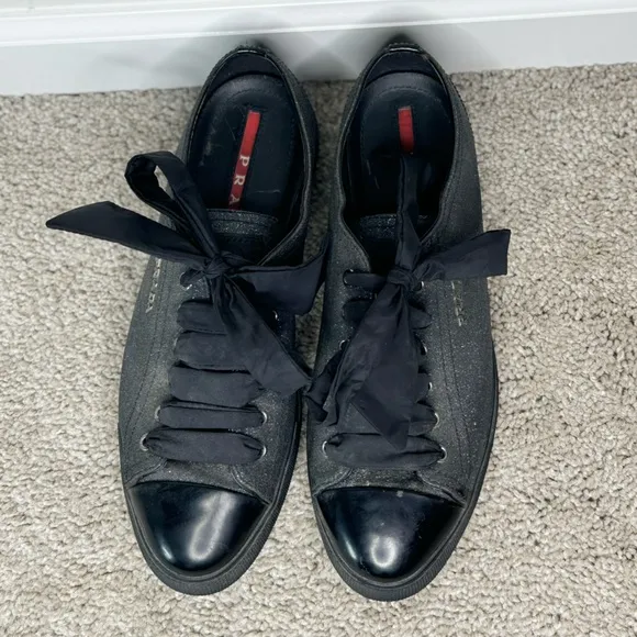 Prada Black Glitter Leather Tip Lace Up Glamour Women’s Shoes Size EU 38 US 7.5