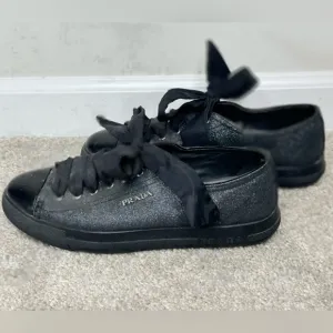 Prada Black Glitter Leather Tip Lace Up Glamour Women’s Shoes Size EU 38 US 7.5