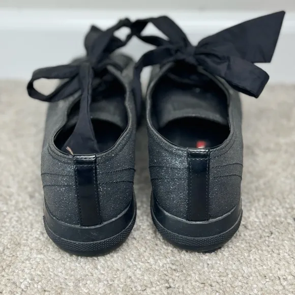 Prada Black Glitter Leather Tip Lace Up Glamour Women’s Shoes Size EU 38 US 7.5