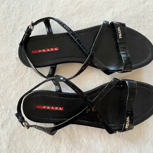 Prada Black Sandals w/ small Prada Spell Out / sz 39