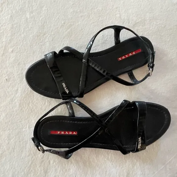 Prada Black Sandals w/ small Prada Spell Out / sz 39