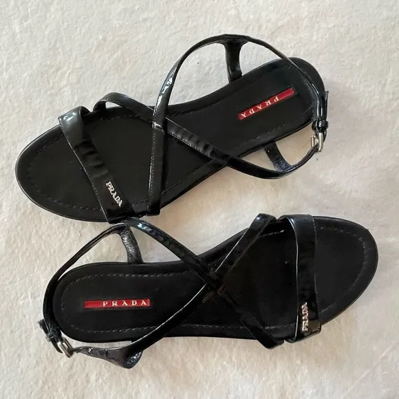 Prada Black Sandals w/ small Prada Spell Out / sz 39