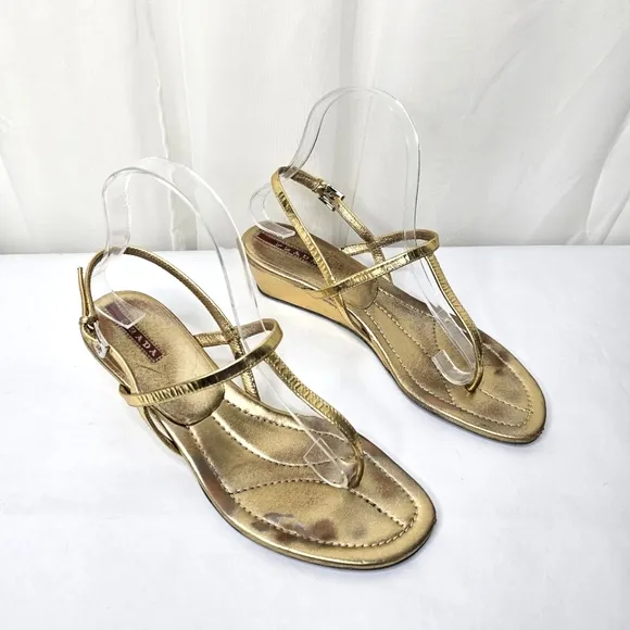 Prada Gold Leather T-Strap Wedge Sandals Size 38