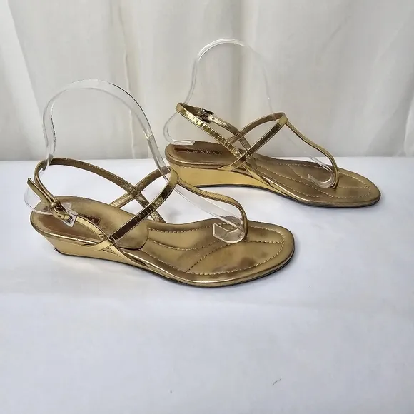 Prada Gold Leather T-Strap Wedge Sandals Size 38