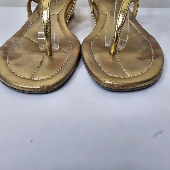 Prada Gold Leather T-Strap Wedge Sandals Size 38