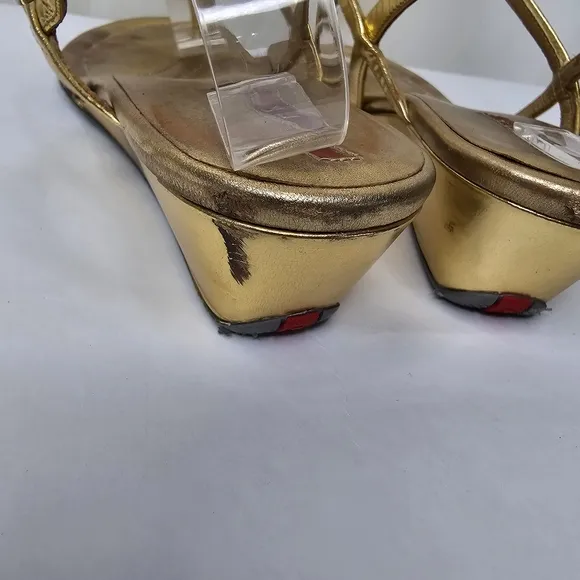 Prada Gold Leather T-Strap Wedge Sandals Size 38