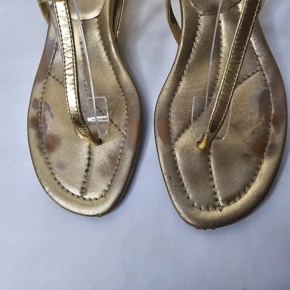 Prada Gold Leather T-Strap Wedge Sandals Size 38