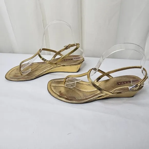 Prada Gold Leather T-Strap Wedge Sandals Size 38