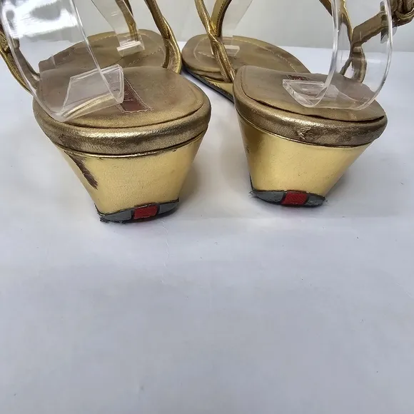 Prada Gold Leather T-Strap Wedge Sandals Size 38