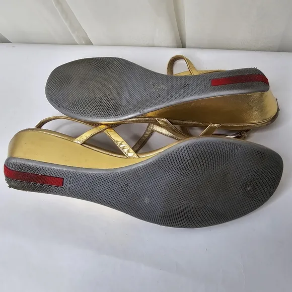 Prada Gold Leather T-Strap Wedge Sandals Size 38
