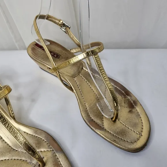 Prada Gold Leather T-Strap Wedge Sandals Size 38