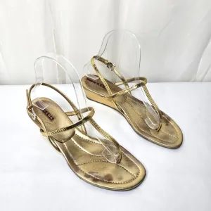 Prada Gold Leather T-Strap Wedge Sandals Size 38