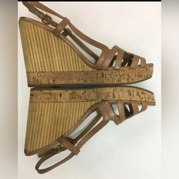 PRADA Leather Strappy Wedge Cork and Bamboo Heel