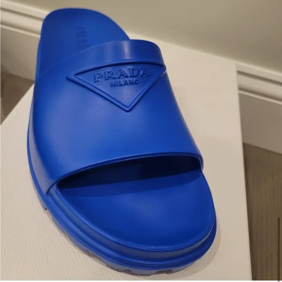 PRADA LOGO BLUE RUBBER SANDALS SLIDES