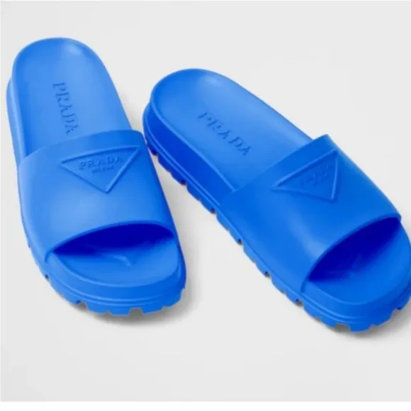 PRADA LOGO BLUE RUBBER SANDALS SLIDES
