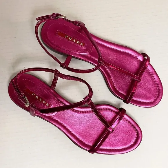 Prada Sport 2000s Vintage Y2K Strappy Leather Sandals in Pink Metallic