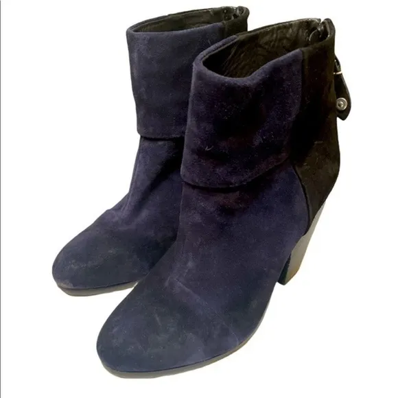 Rag &amp; Bone womens Margot Suede Ankle Boots zip closure Navy blue Black Sz 7.5
