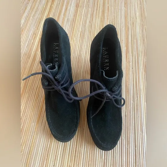 Ralph Lauren Lace Up Suede High Heeled Black Boots size 8