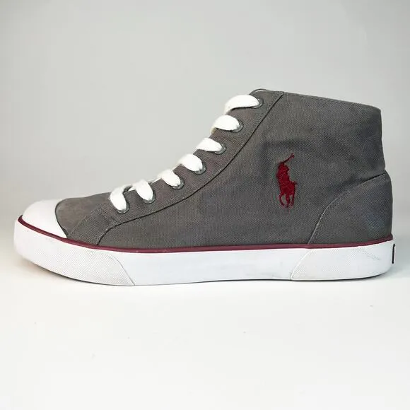 Ralph Lauren Mayport Canvas Mid Trainer Sneakers Grey Burgundy Shoes Men 10.5