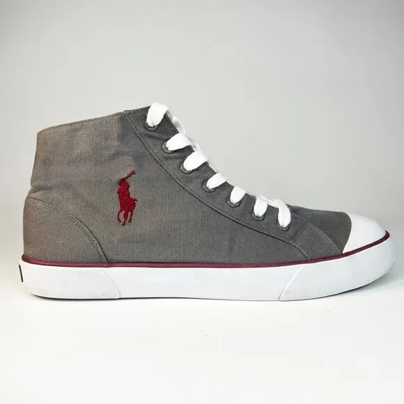 Ralph Lauren Mayport Canvas Mid Trainer Sneakers Grey Burgundy Shoes Men 10.5