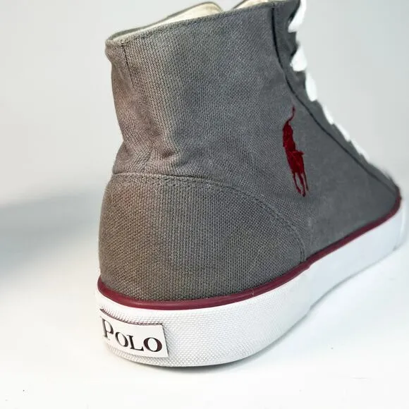 Ralph Lauren Mayport Canvas Mid Trainer Sneakers Grey Burgundy Shoes Men 10.5