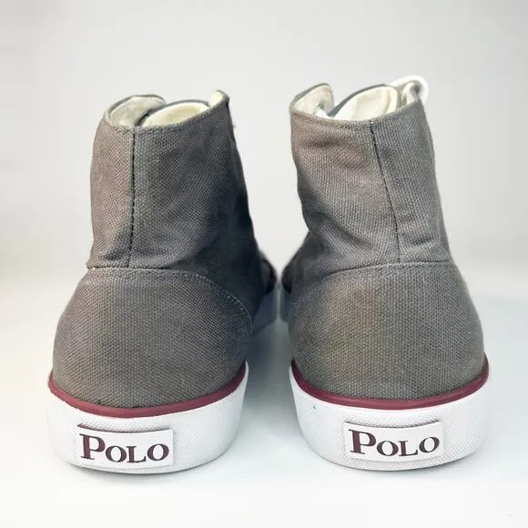 Ralph Lauren Mayport Canvas Mid Trainer Sneakers Grey Burgundy Shoes Men 10.5