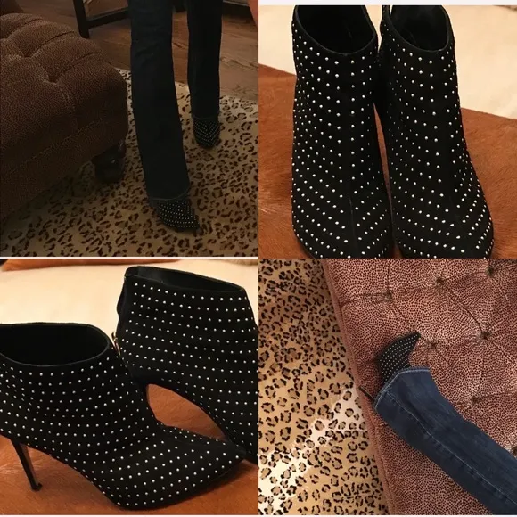 💄RAYE Tori Booties Black studded boots. size 38 7.5 Crystal Diamond Studs Suede