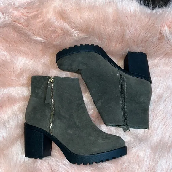 RIVER ISLAND BOOTS size 9/39 DARK GREEN /GREY SUEDE BLOCK HEEL