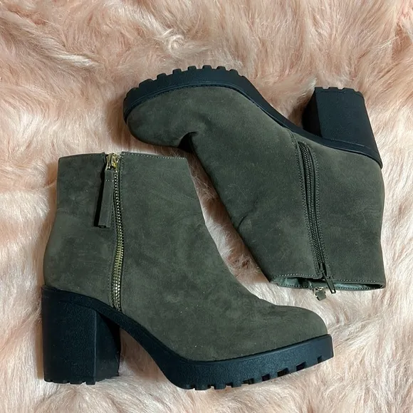 RIVER ISLAND BOOTS size 9/39 DARK GREEN /GREY SUEDE BLOCK HEEL