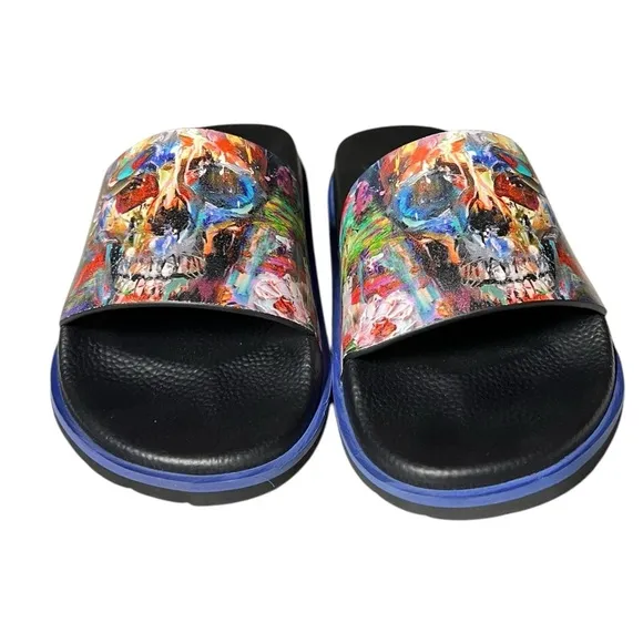 💀ROBERT GRAHAM Men's Beachcomber Skull-print Slide Sandals In Navy Men's Size 8
