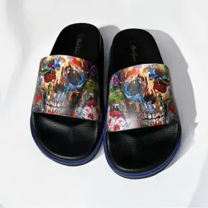 💀ROBERT GRAHAM Men's Beachcomber Skull-print Slide Sandals In Navy Men's Size 8