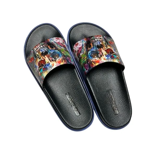 💀ROBERT GRAHAM Men's Beachcomber Skull-print Slide Sandals In Navy Men's Size 8