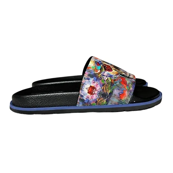 💀ROBERT GRAHAM Men's Beachcomber Skull-print Slide Sandals In Navy Men's Size 8