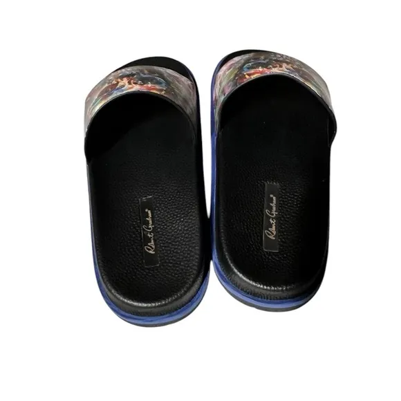 💀ROBERT GRAHAM Men's Beachcomber Skull-print Slide Sandals In Navy Men's Size 8