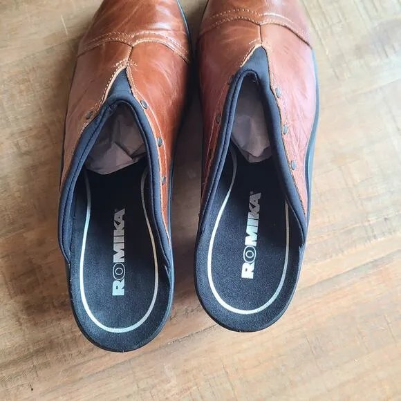 Romika Mokassetta Shoes Women's Size 41 Leather Brown Studded Mules NEW