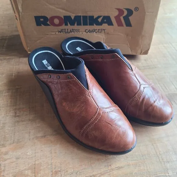 Romika Mokassetta Shoes Women's Size 41 Leather Brown Studded Mules NEW