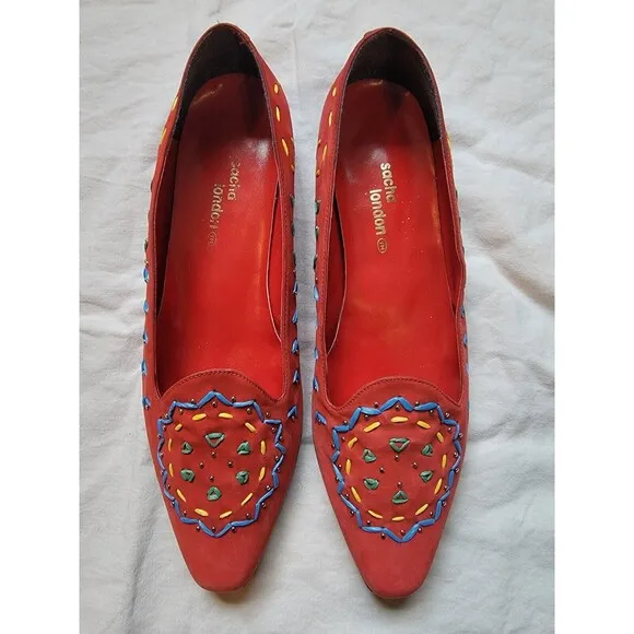 Sacha London Shoes Size 10 B Red Embroidered Whimsical Boho Slip-on Women's