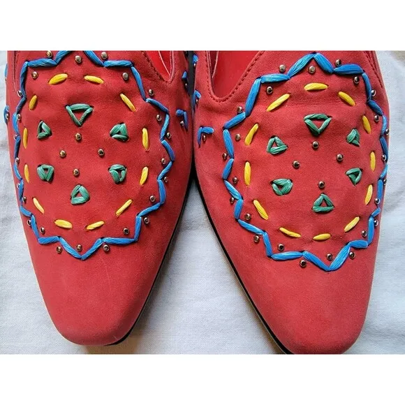 Sacha London Shoes Size 10 B Red Embroidered Whimsical Boho Slip-on Women's