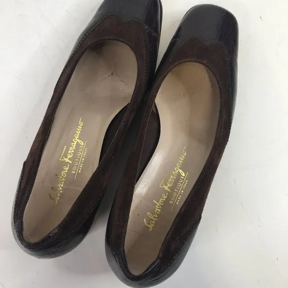 Salvatore Ferragamo Classic Wingtip Brown Leather and Suede Low Heel Size 8.5