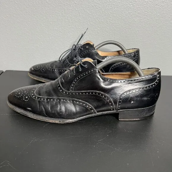 Salvatore Ferragamo Dress Shoes Mens Sz 9.5 Black Wingtip Leather Brogue Oxford