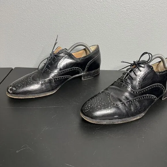 Salvatore Ferragamo Dress Shoes Mens Sz 9.5 Black Wingtip Leather Brogue Oxford