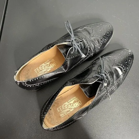 Salvatore Ferragamo Dress Shoes Mens Sz 9.5 Black Wingtip Leather Brogue Oxford